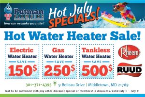 July sale on electric, gas and tankless hot water heaters